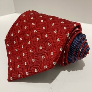 Tommy Hilfiger Tie Men's Imported Silk Red Navy Geometric Squares USA Americana